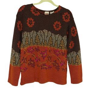 Oilily Vintage Wool Blend Sweater Top Shirt Blouse Floral Orange Brown XS